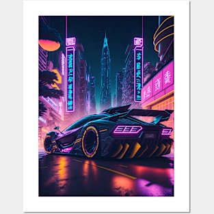 Dark Neon City Sports Car Posters and Art